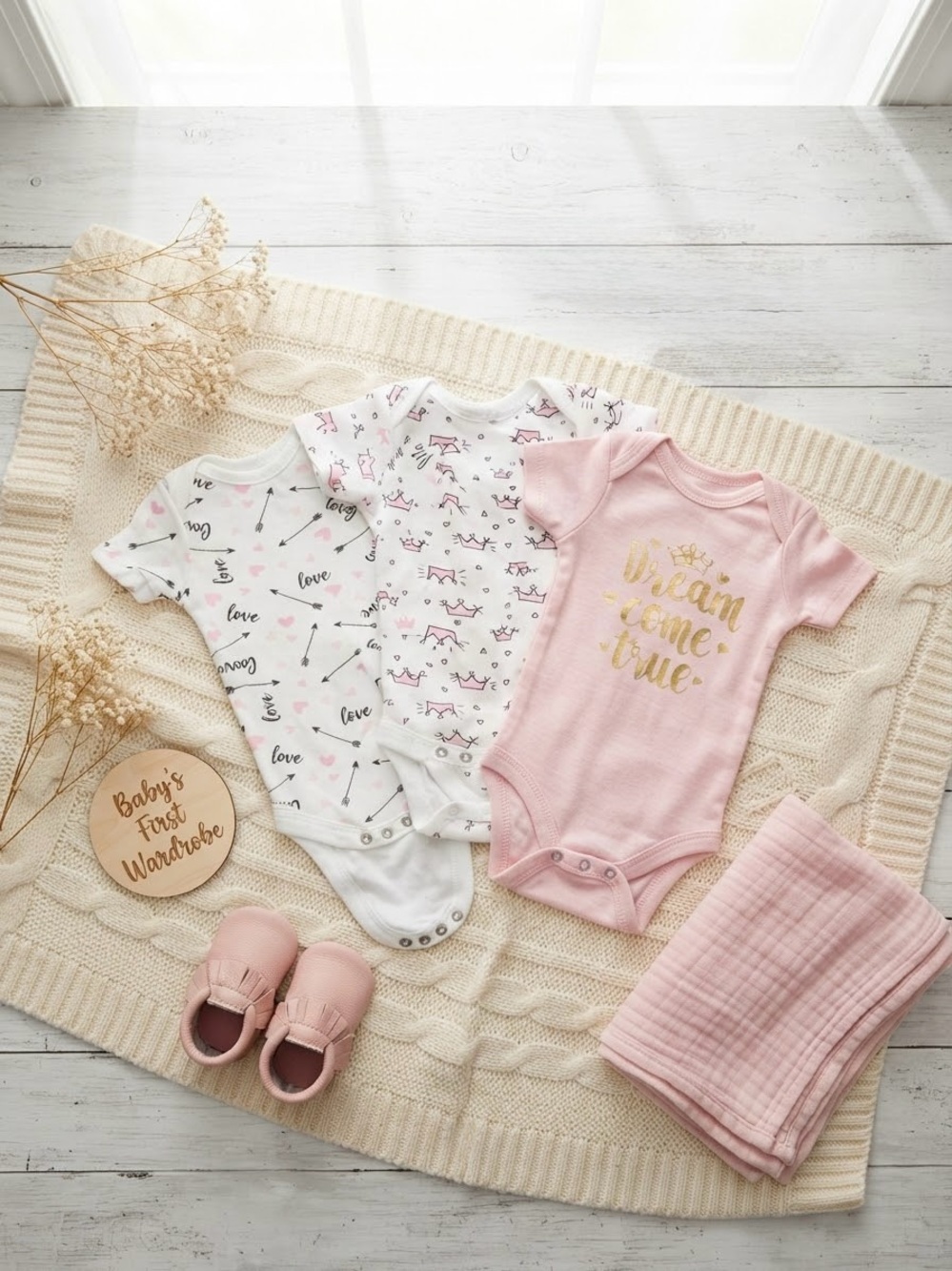 Koala Baby Pink and White Baby Onesies Trio with Gold Lettering